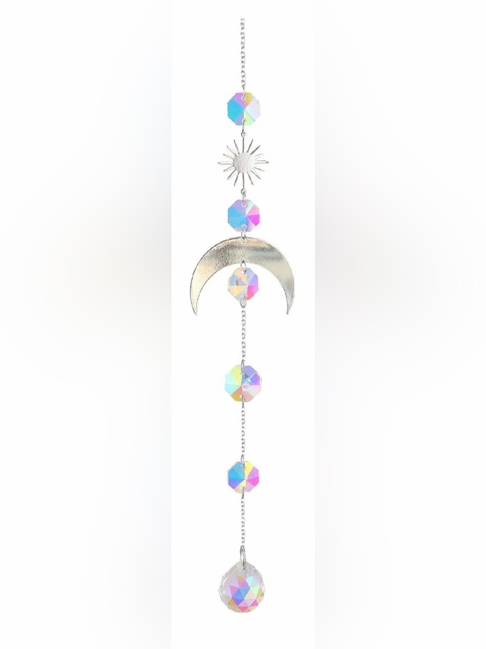 Silver Crescent Moon & Crystal Hanging Charm - Iridescent Purple Accent